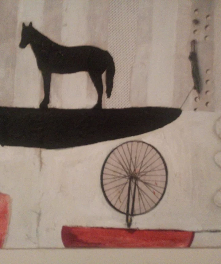 Minimal composition with a black horse above small figures and red shapes.