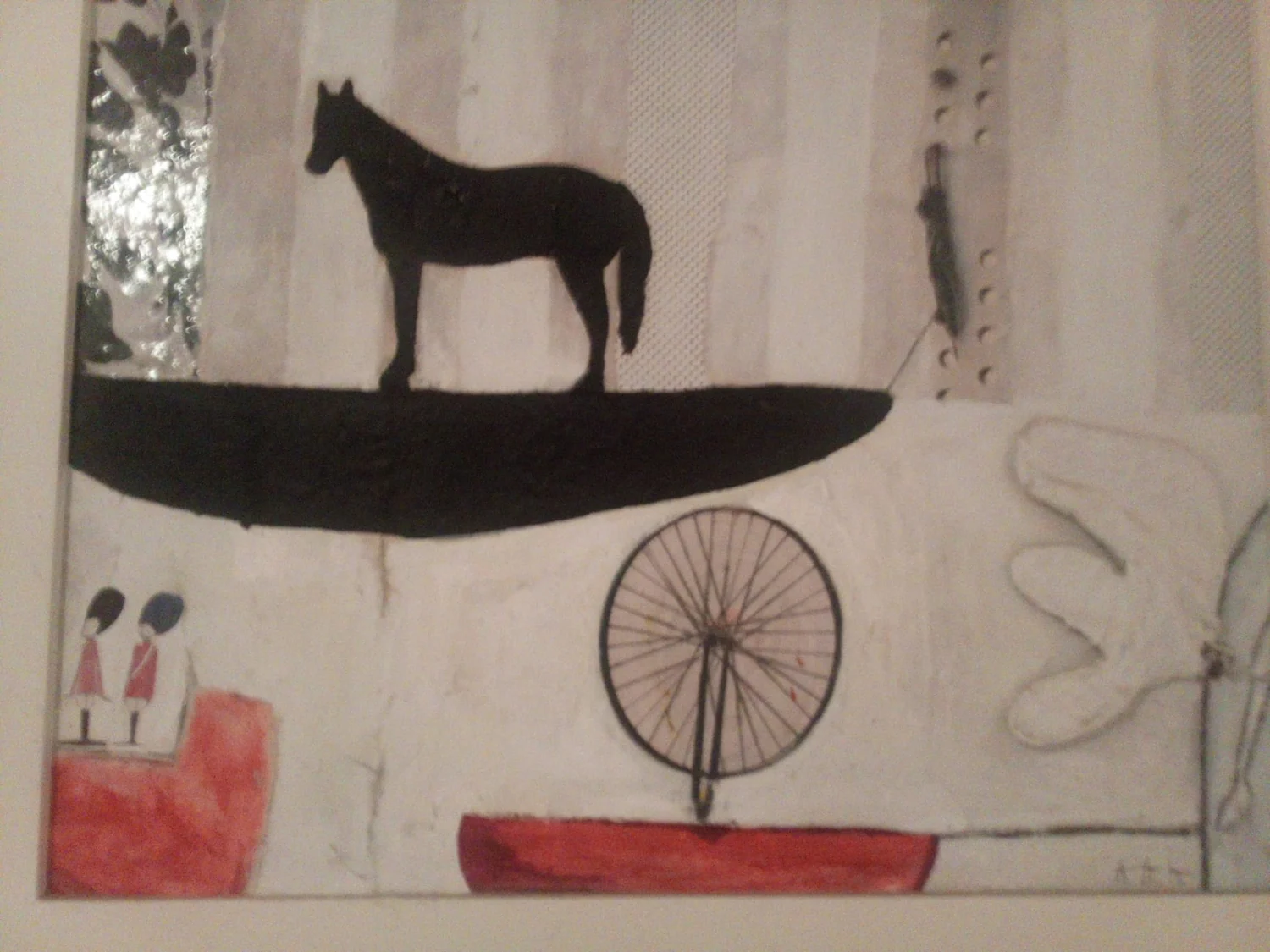 Minimal composition with a black horse above small figures and red shapes.