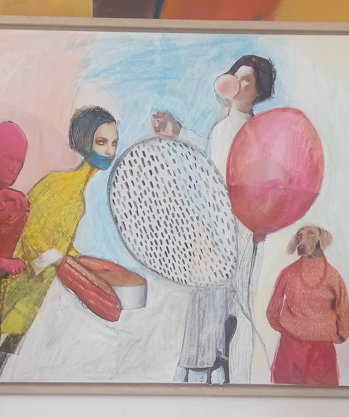 Figurative painting with people gathered around a pale patterned circular form.