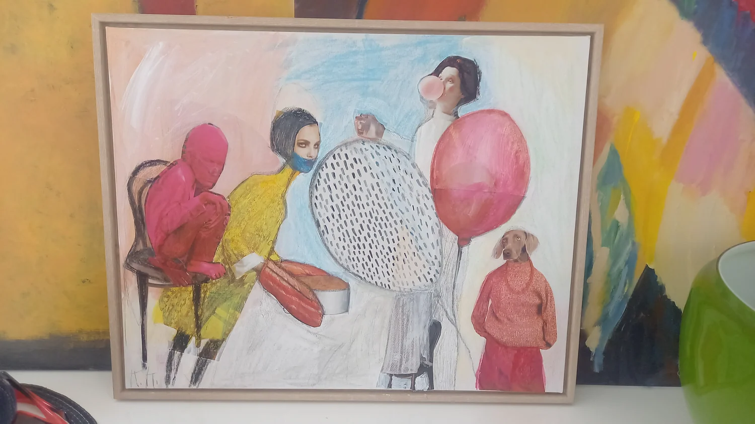 Figurative painting with people gathered around a pale patterned circular form.