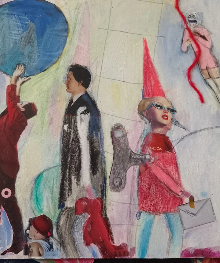 Painting of figures walking through an interior with a blue circle and red accents.