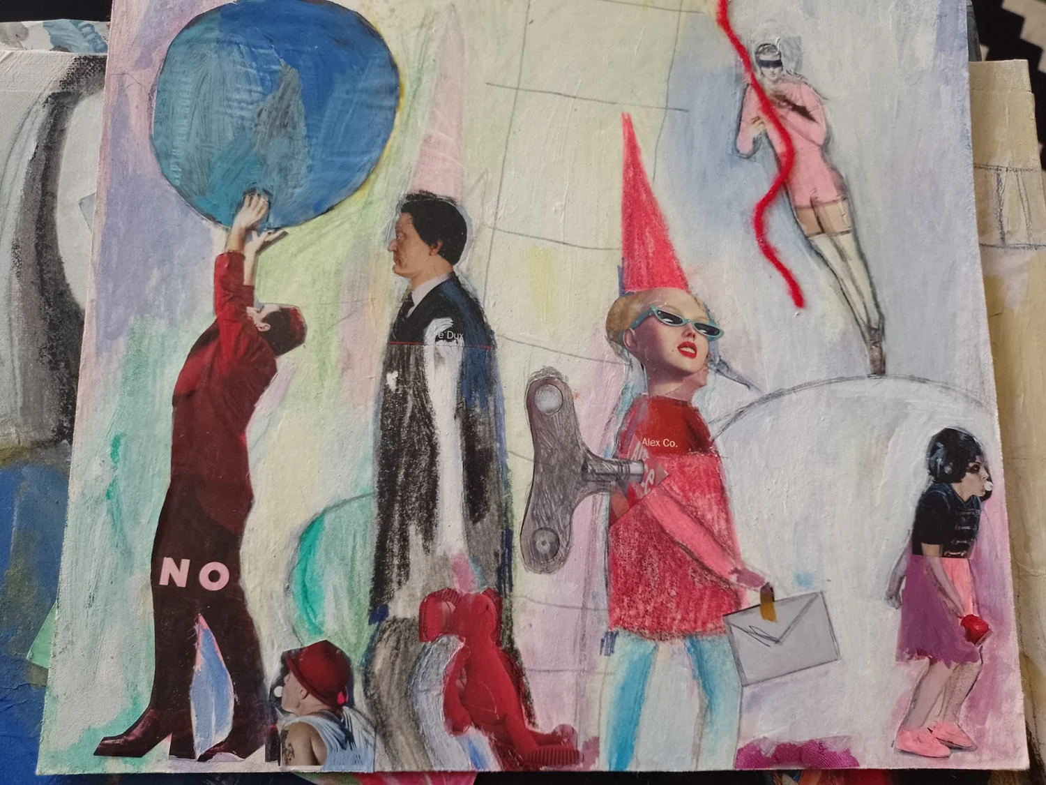 Painting of figures walking through an interior with a blue circle and red accents.