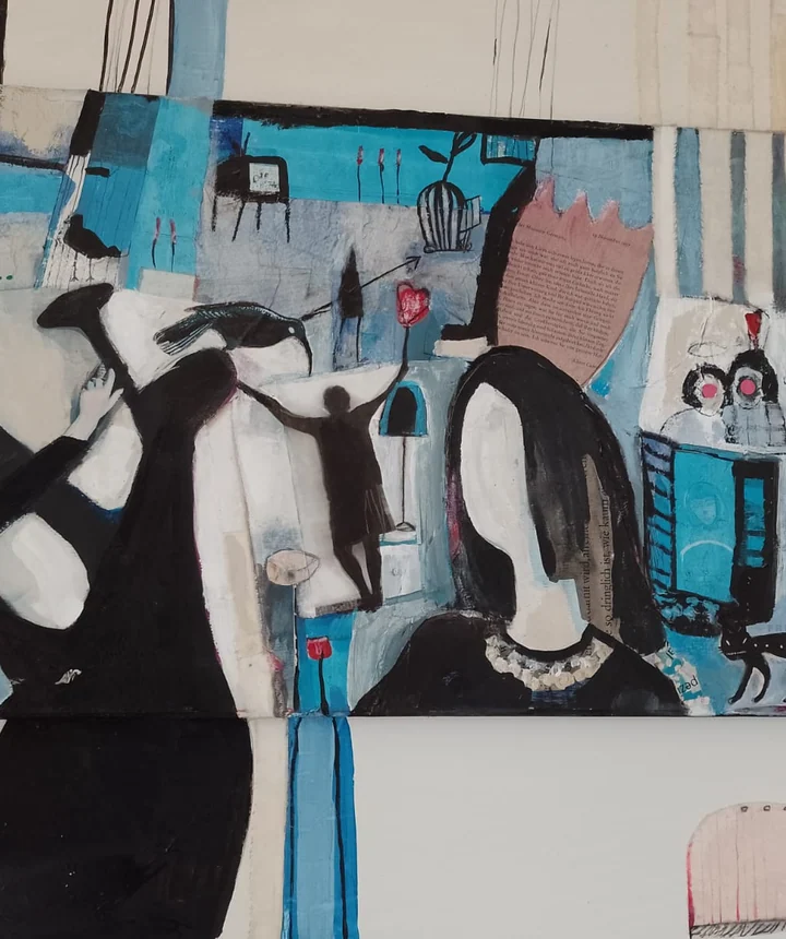 Painting of black and white figures with a wheeled form and architectural lines.
