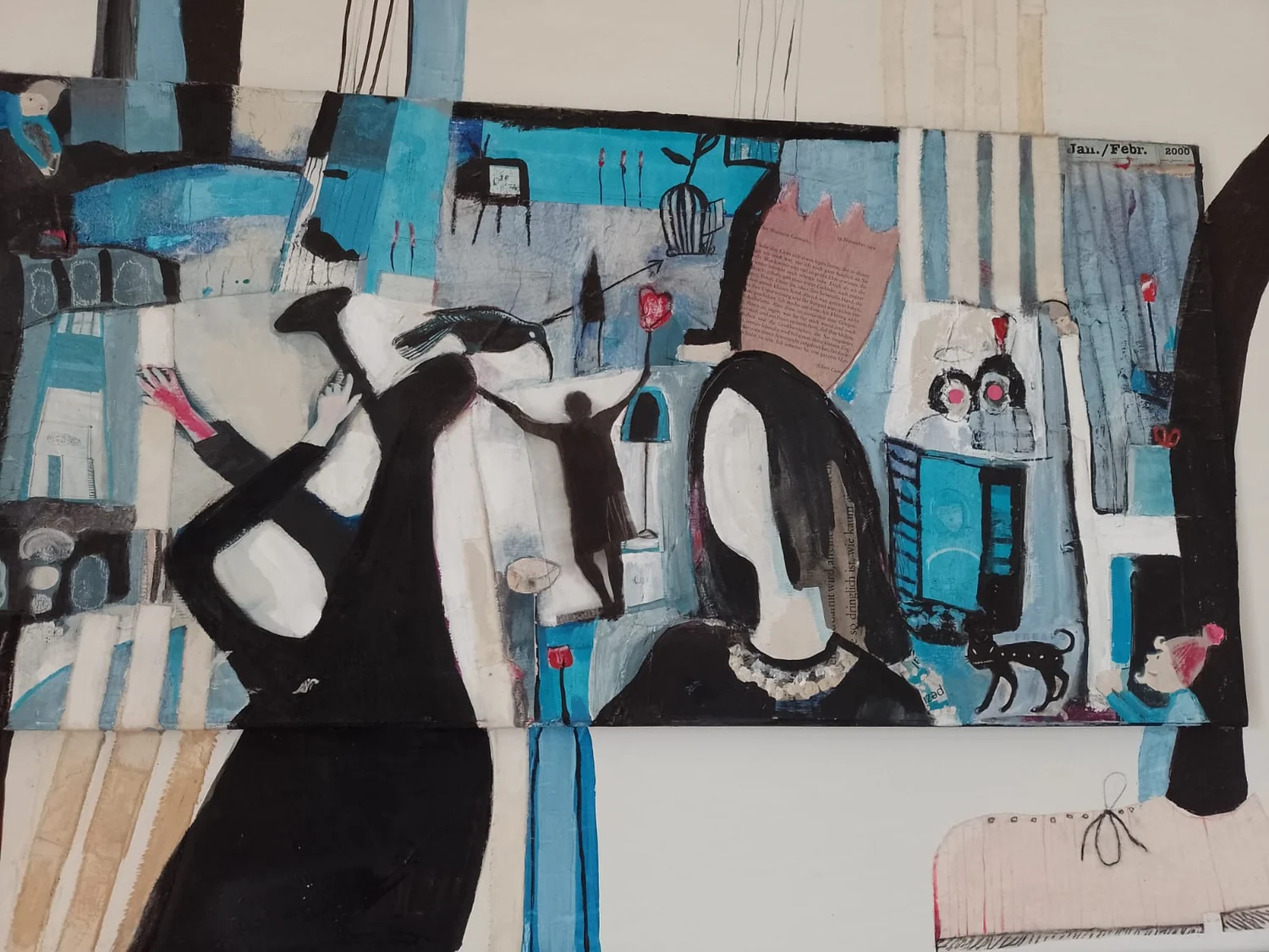 Painting of black and white figures with a wheeled form and architectural lines.