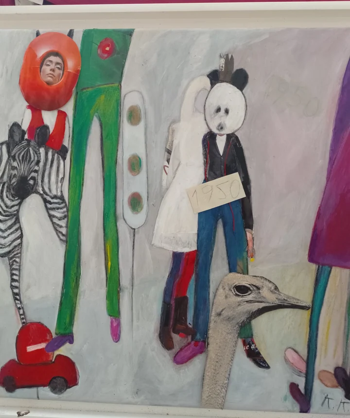 Tall figurative painting with masked characters and vivid red and green forms.