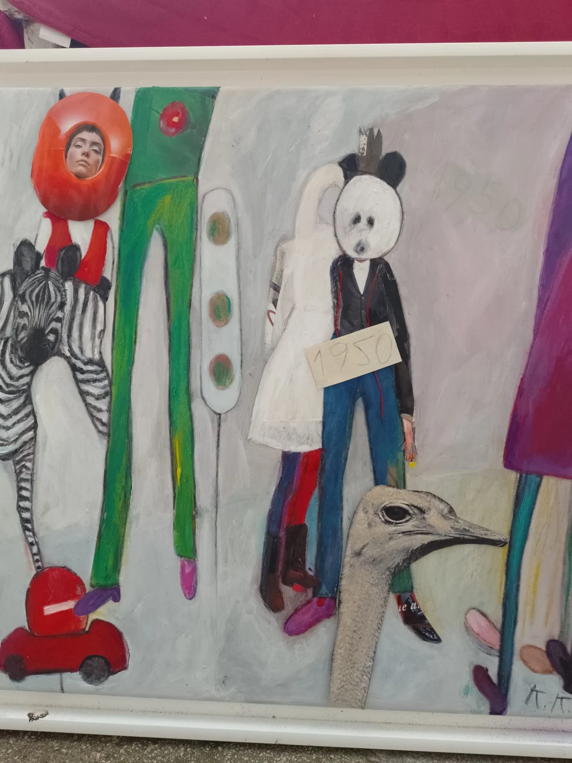 Tall figurative painting with masked characters and vivid red and green forms.