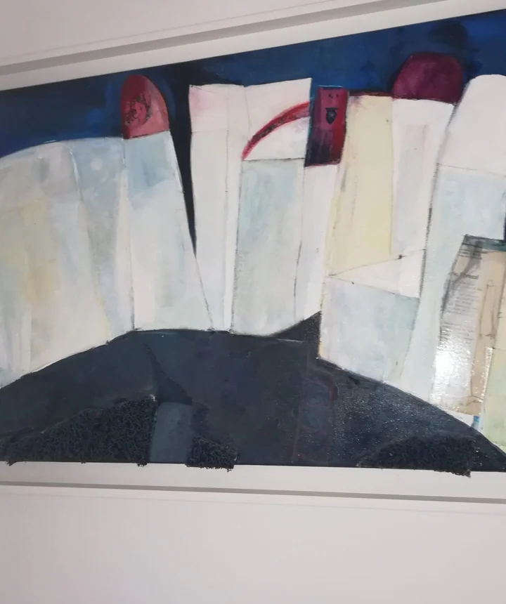 Long painting with pale carriage-like forms and dark curved shapes.