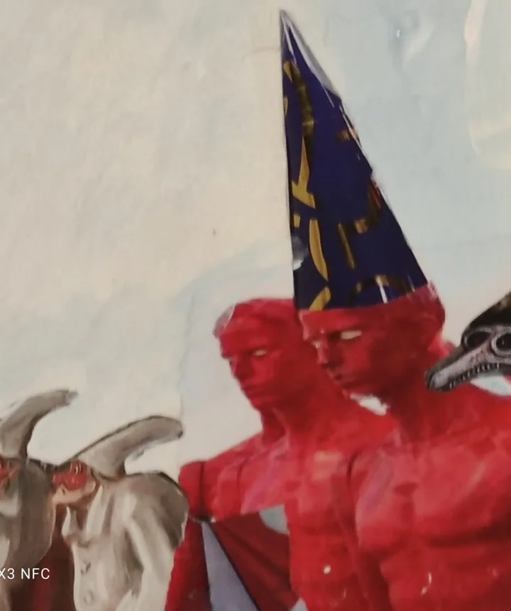 Red figures and small animals gathered below dark triangular sails.
