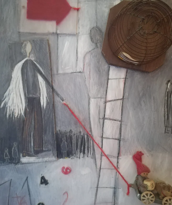 Interior scene with a ladder, small red marks, and a pale hanging form.