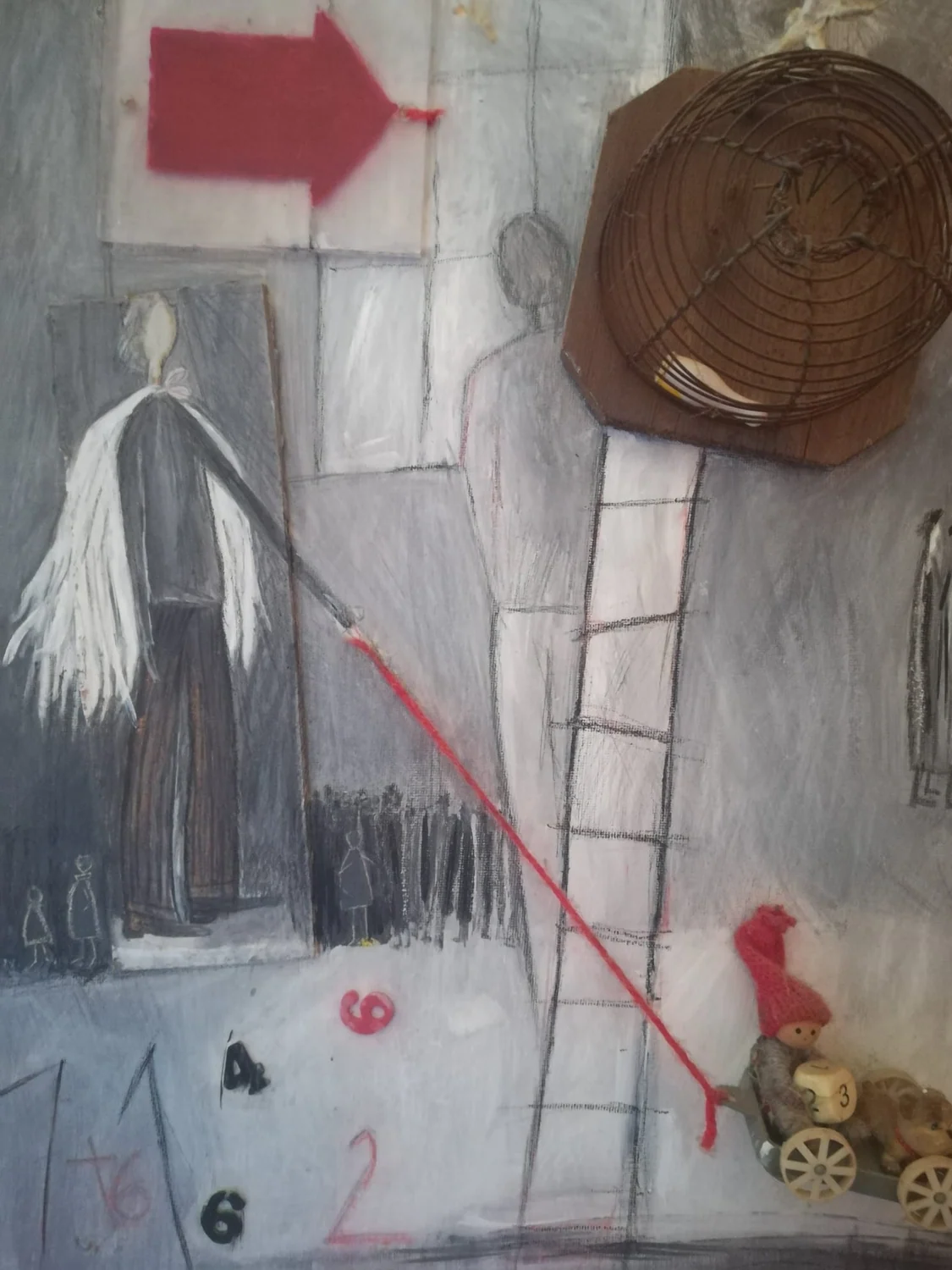 Interior scene with a ladder, small red marks, and a pale hanging form.