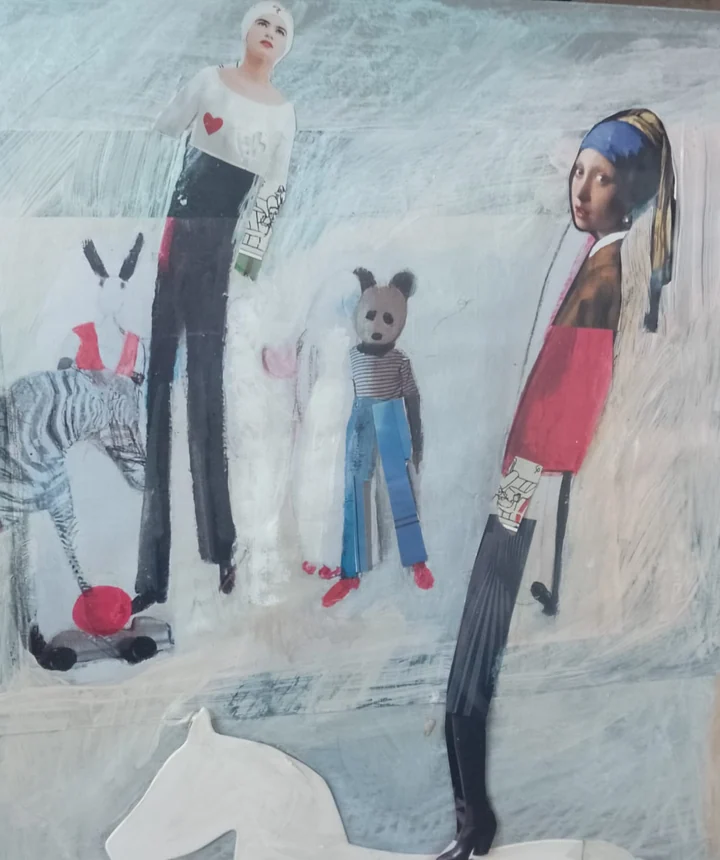Narrative scene with figures, small animals, and a pale blue interior.