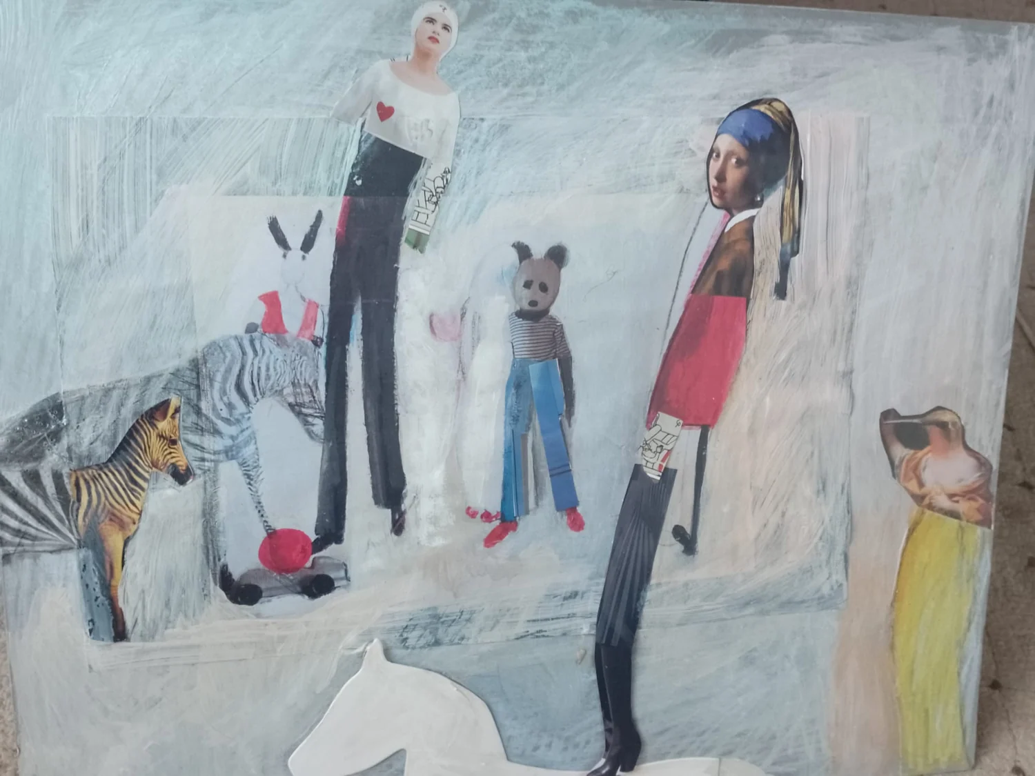 Narrative scene with figures, small animals, and a pale blue interior.